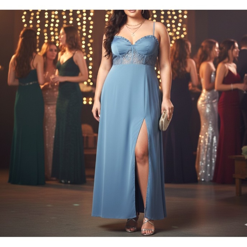 Silky Blue Gray Maxi Dress‎ Romantic Lace Bustier High Slit A Line Gown XL Fairy